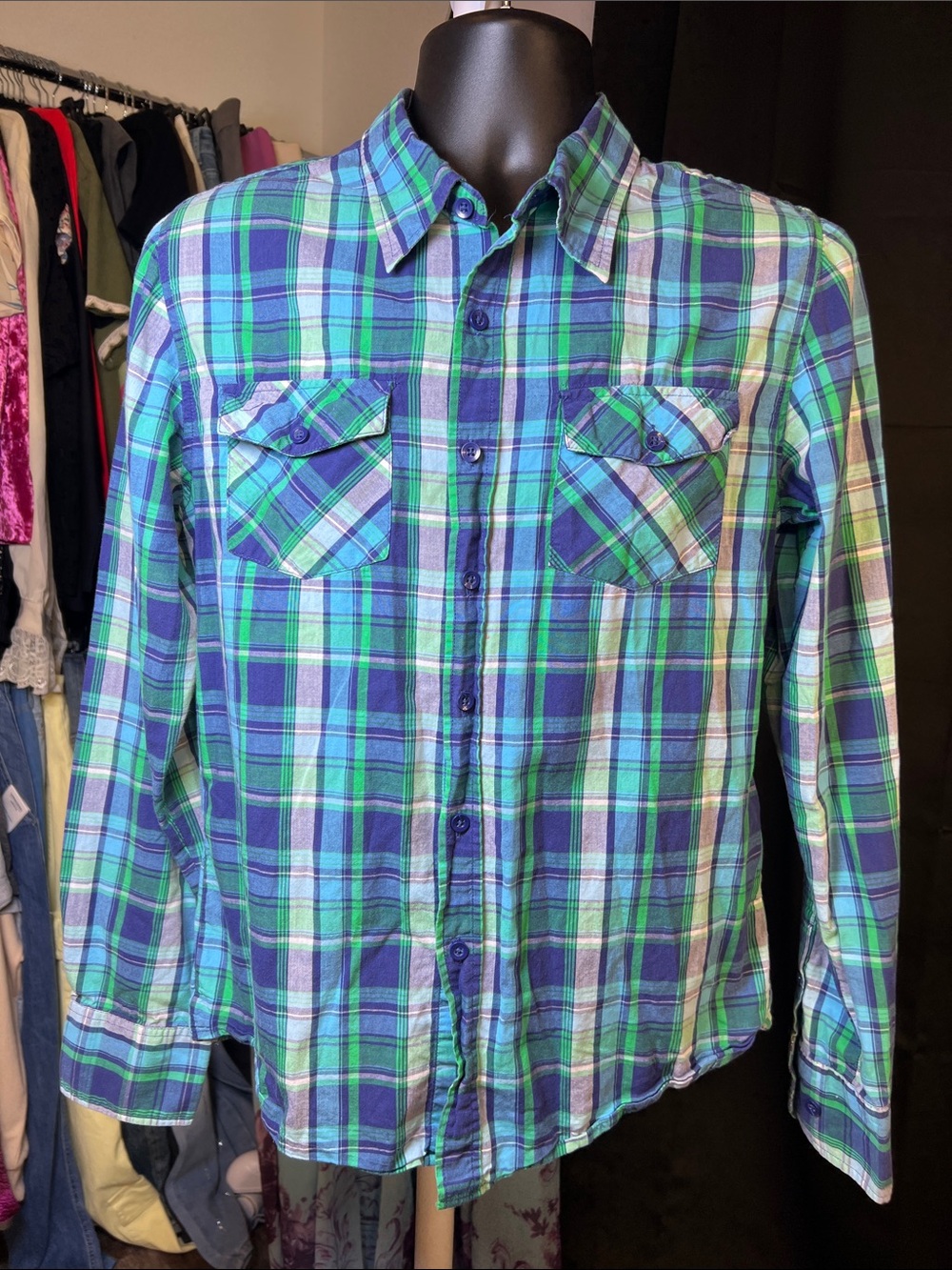 A Fine Mess Men's Plaid Button-Down Shirt - Blue & Green